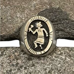 Signed Hopi Katsina Aya Kachina Solid 14K Gold Sterling Silver Mens Ring 10.25